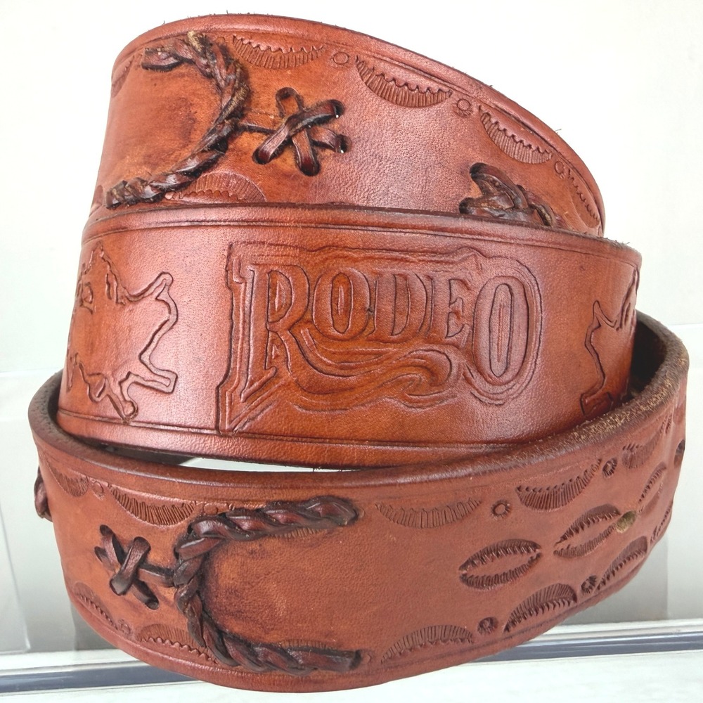 Mens Hand Tooled Leather Belt|38|Warm Brown Leather Braided Western Cowboy Rodeo